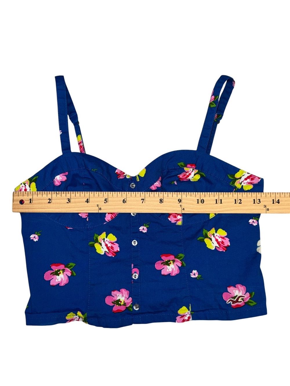 VTG Hollister Floral Crop Top XS Blue Button Front Cami Sweetheart Neck Y2K - Picture 9 of 11